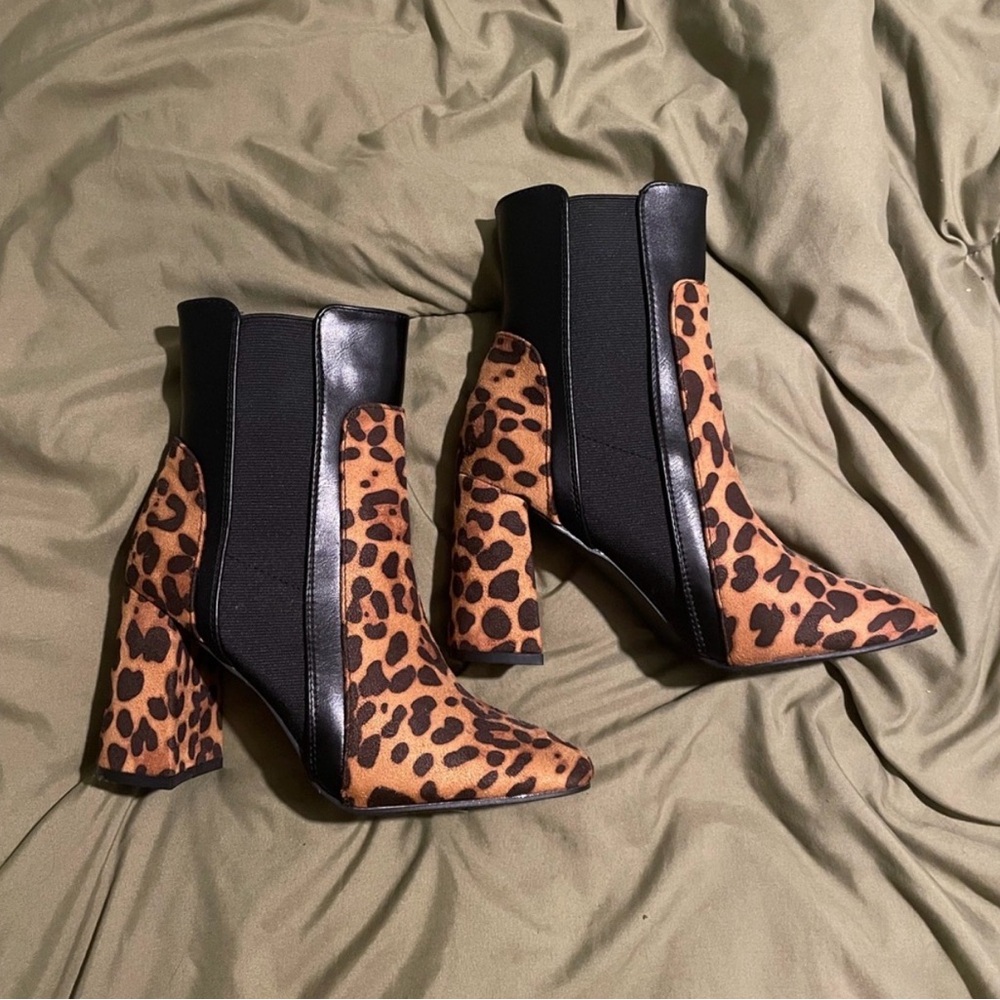 Leopard Print Heeled Boots with Black Trim